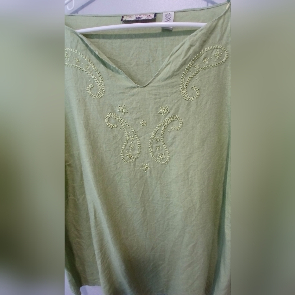 Caribbean Joe 100% Linen Green Embroidered 3/4 Sleeve Tunic Women's Size 2X - Picture 2 of 7